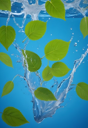 A Green Leaf Falling Into A Splash Of Water Against A Blue Background 13