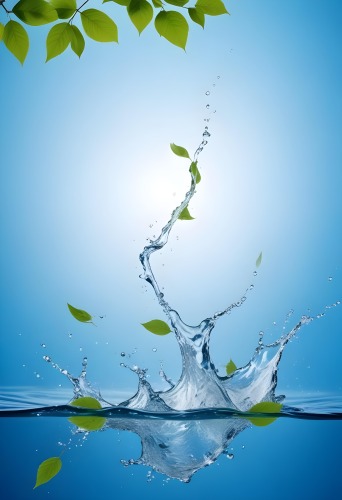A Green Leaf Falling Into A Splash Of Water Against A Blue Background 17 9ebf