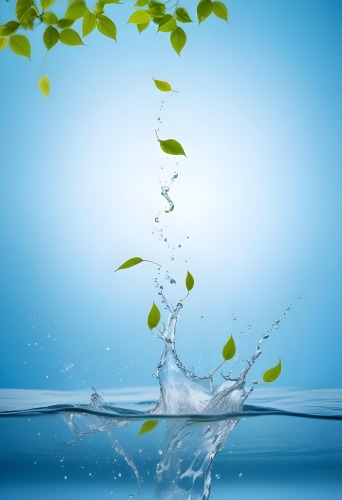 A Green Leaf Falling Into A Splash Of Water Against A Blue Background 18 962d