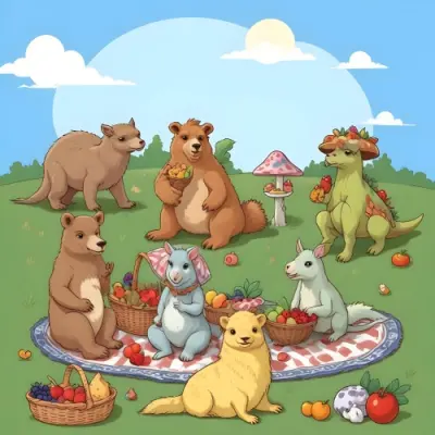 A Group Of Cartoon Animals Having A Picnic On A Blanket Including A Bear A Mouse A Llama And Two Dinosaurs With A Basket Of Fruit And Mushrooms In A Park 81 87d9