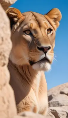 A Lioness With Brown Eyes Light Brown Fur Half Of The Face Is Covered By A Rock In The Background A Clear Blue Sky 83 340e