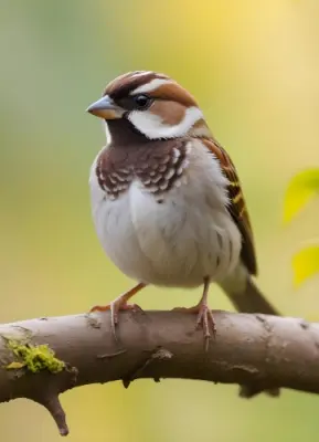 A Small Brown And White Sparrow Perched On A Tree Branch With A Blurred Yellow And Green Background 11 9b55