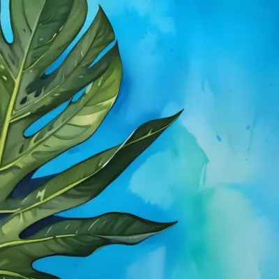 A Monstera Leaf With Vibrant Green Color Showcasing Its Distinctive Fenestrations Set Against A Solid Background Of Bright Blue Color Creating A Striking Contrast 29 8803