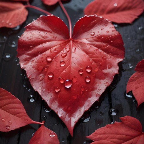 A Red Heart Shaped Leaf Covered In Water Droplets