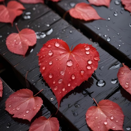A Red Heart Shaped Leaf Covered In Water Droplets Surrounded By Red Leaves On A Dark Wooden Surface With Water Droplets 14 De93