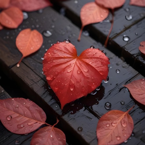 A Red Heart Shaped Leaf Covered In Water Droplets Surrounded By Red Leaves On A Dark Wooden Surface With Water Droplets 16 C43b