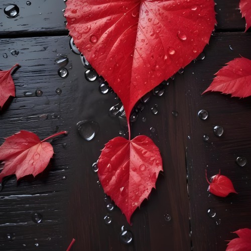 A Red Heart Shaped Leaf Covered In Water Droplets Surrounded By Red Leaves On A Dark Wooden Surface With Water Droplets 18 E22f
