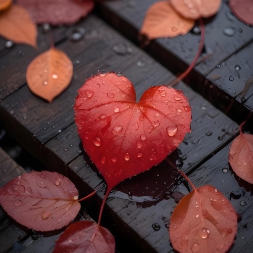 A Red Heart Shaped Leaf Covered In Water Droplets Surrounded By Red Leaves On A Dark Wooden Surface With Water Droplets 2 1026