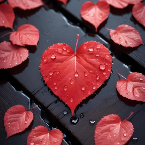 A Red Heart Shaped Leaf Covered In Water Droplets Surrounded By Red Leaves On A Dark Wooden Surface With Water Droplets 21 664e
