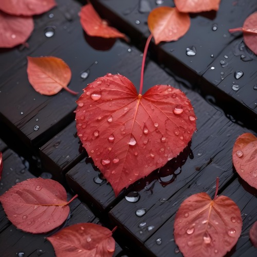 A Red Heart Shaped Leaf Covered In Water Droplets Surrounded By Red Leaves On A Dark Wooden Surface With Water Droplets 22 700b