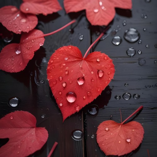 A Red Heart Shaped Leaf Covered In Water Droplets Surrounded By Red Leaves On A Dark Wooden Surface With Water Droplets 23 5ec2