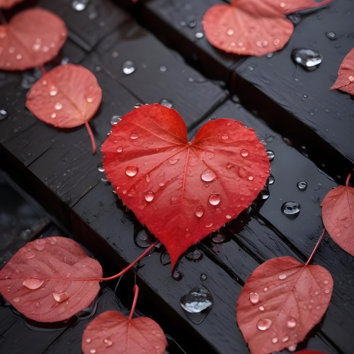 A Red Heart Shaped Leaf Covered In Water Droplets Surrounded By Red Leaves On A Dark Wooden Surface With Water Droplets 25 2451