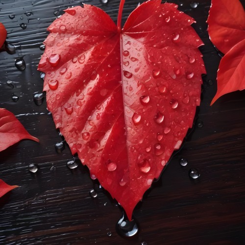 A Red Heart Shaped Leaf Covered In Water Droplets Surrounded By Red Leaves On A Dark Wooden Surface With Water Droplets 29 Ceae