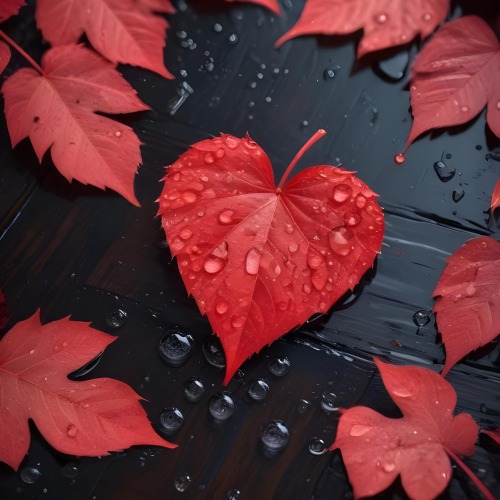 A Red Heart Shaped Leaf Covered In Water Droplets Surrounded By Red Leaves On A Dark Wooden Surface With Water Droplets 3 1d9f