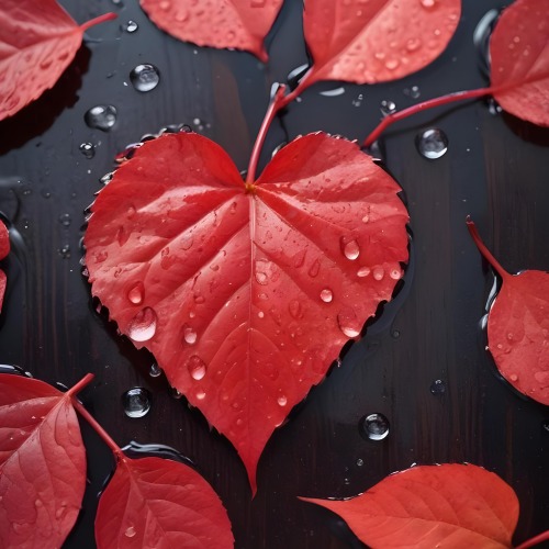 A Red Heart Shaped Leaf Covered In Water Droplets Surrounded By Red Leaves On A Dark Wooden Surface With Water Droplets 30 2531