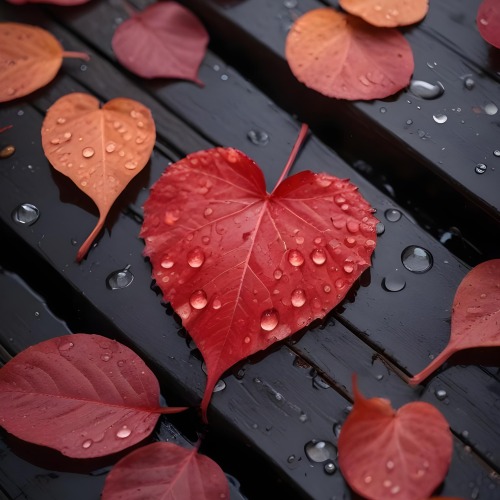 A Red Heart Shaped Leaf Covered In Water Droplets Surrounded By Red Leaves On A Dark Wooden Surface With Water Droplets 32 A86a