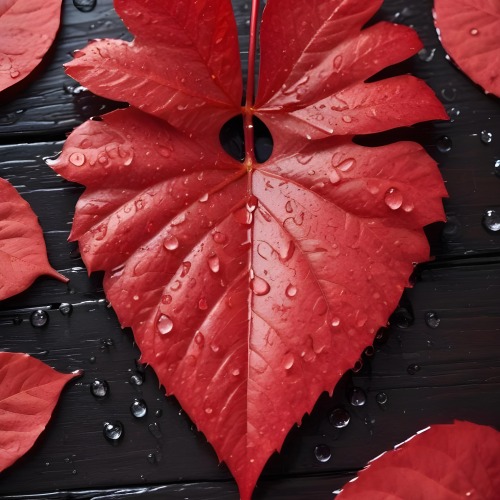 A Red Heart Shaped Leaf Covered In Water Droplets Surrounded By Red Leaves On A Dark Wooden Surface With Water Droplets 34 82b4