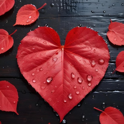 A Red Heart Shaped Leaf Covered In Water Droplets Surrounded By Red Leaves On A Dark Wooden Surface With Water Droplets 36 Fb7d