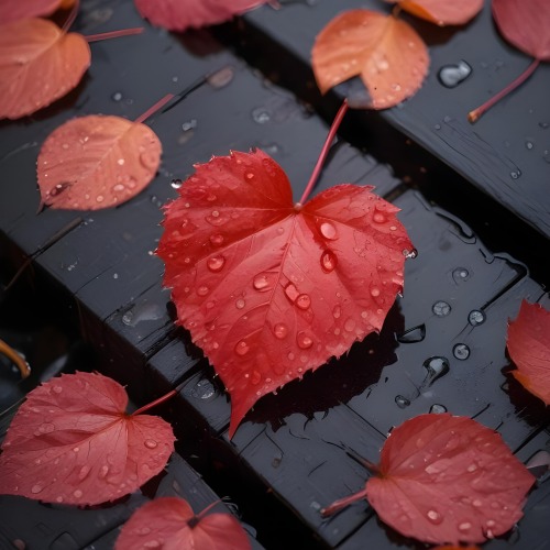 A Red Heart Shaped Leaf Covered In Water Droplets Surrounded By Red Leaves On A Dark Wooden Surface With Water Droplets 37 8555