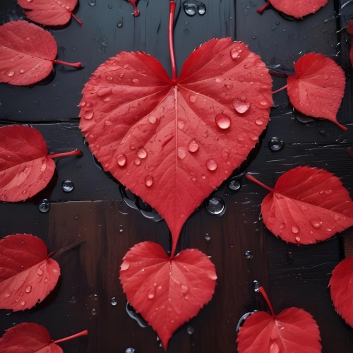 A Red Heart Shaped Leaf Covered In Water Droplets Surrounded By Red Leaves On A Dark Wooden Surface With Water Droplets 38 9e2b