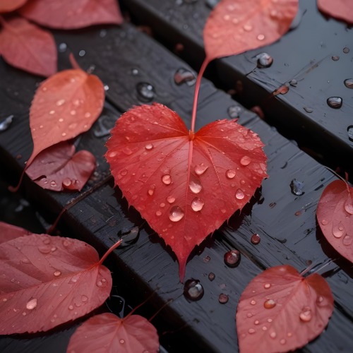 A Red Heart Shaped Leaf Covered In Water Droplets Surrounded By Red Leaves On A Dark Wooden Surface With Water Droplets 39 Da4b