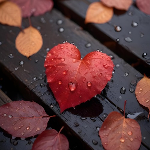 A Red Heart Shaped Leaf Covered In Water Droplets Surrounded By Red Leaves On A Dark Wooden Surface With Water Droplets 4 E8fc