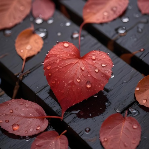 A Red Heart Shaped Leaf Covered In Water Droplets Surrounded By Red Leaves On A Dark Wooden Surface With Water Droplets 43 Ad8a