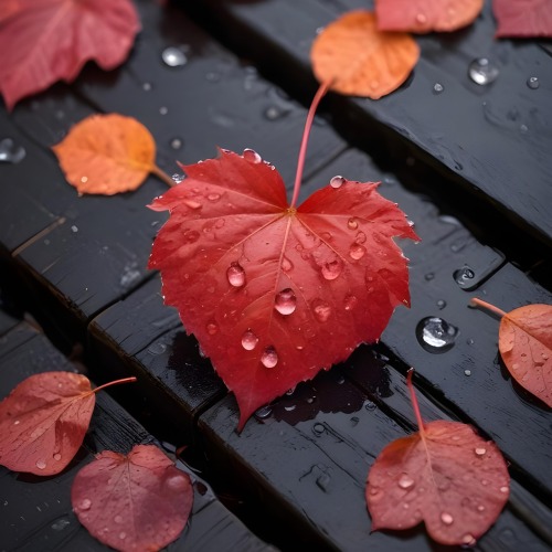 A Red Heart Shaped Leaf Covered In Water Droplets Surrounded By Red Leaves On A Dark Wooden Surface With Water Droplets 44 00a5