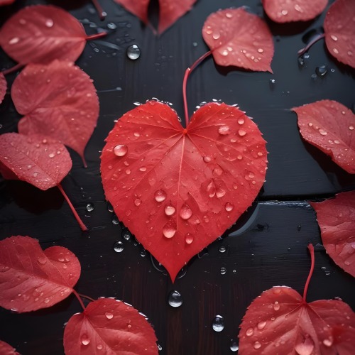 A Red Heart Shaped Leaf Covered In Water Droplets Surrounded By Red Leaves On A Dark Wooden Surface With Water Droplets 7 F7db