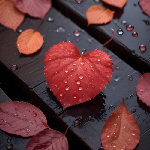 A Red Heart Shaped Leaf Covered In Water Droplets Surrounded By Red Leaves On A Dark Wooden Surface With Water Droplets 8 3aa7