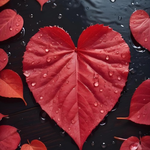 A Red Heart Shaped Leaf Covered In Water Droplets Surrounded By Red Leaves On A Dark Wooden Surface With Water Droplets 9 A2cf