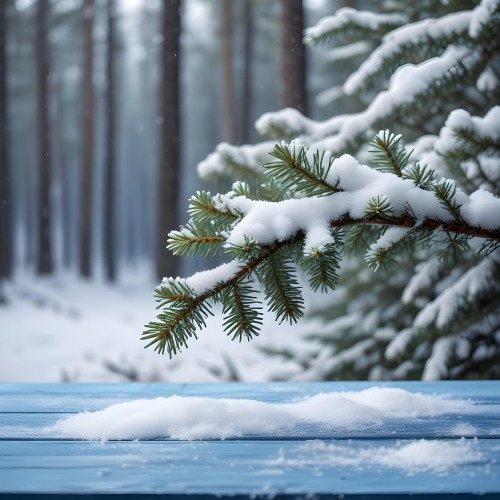 A Snowy Fir Branch On A Blue Wooden Table With A Blurred Background Of A Winter Forest And Falling Snow 1 3ef5