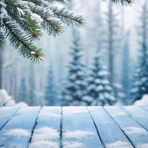 A Snowy Fir Branch On A Blue Wooden Table With A Blurred Background Of A Winter Forest And Falling Snow 10 58dd