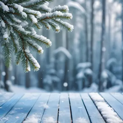A Snowy Fir Branch On A Blue Wooden Table With A Blurred Background Of A Winter Forest And Falling Snow 15 6bbd