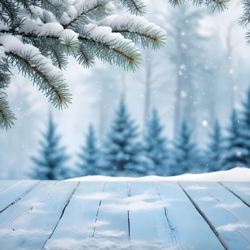 A Snowy Fir Branch On A Blue Wooden Table With A Blurred Background Of A Winter Forest And Falling Snow 16 De35