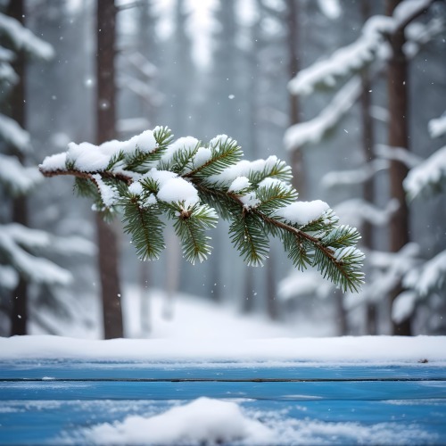 A Snowy Fir Branch On A Blue Wooden Table With A Blurred Background Of A Winter Forest And Falling Snow 2 839f