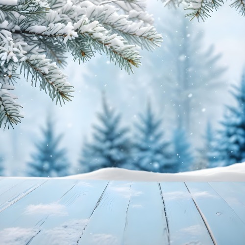 A Snowy Fir Branch On A Blue Wooden Table With A Blurred Background Of A Winter Forest And Falling Snow 20 0ec0