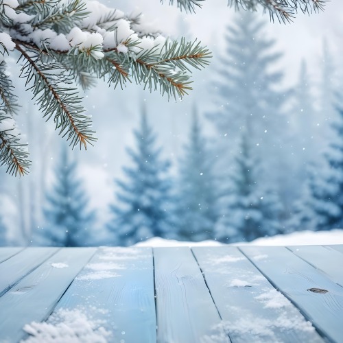 A Snowy Fir Branch On A Blue Wooden Table With A Blurred Background Of A Winter Forest And Falling Snow 25 181b