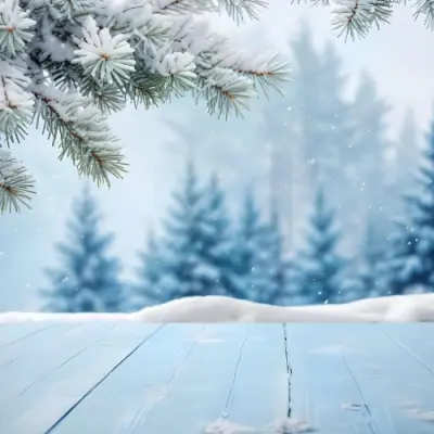 A Snowy Fir Branch On A Blue Wooden Table With A Blurred Background Of A Winter Forest And Falling Snow 27 954f