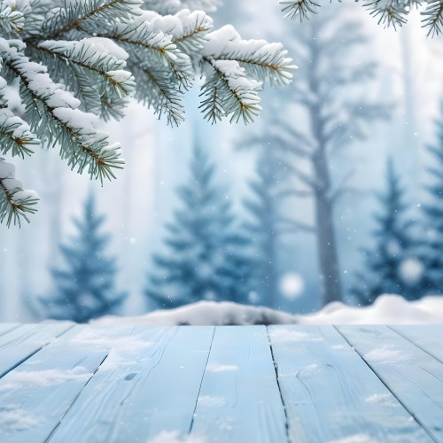 A Snowy Fir Branch On A Blue Wooden Table With A Blurred Background Of A Winter Forest And Falling Snow 28 Cd78