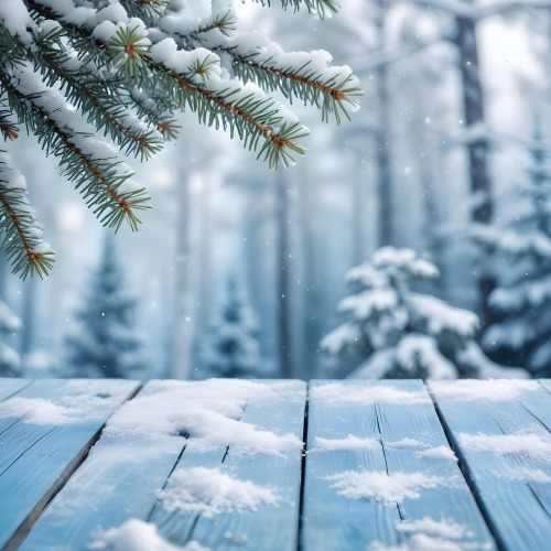A Snowy Fir Branch On A Blue Wooden Table With A Blurred Background Of A Winter Forest And Falling Snow 29 D965