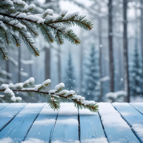 A Snowy Fir Branch On A Blue Wooden Table With A Blurred Background Of A Winter Forest And Falling Snow 3 86ed