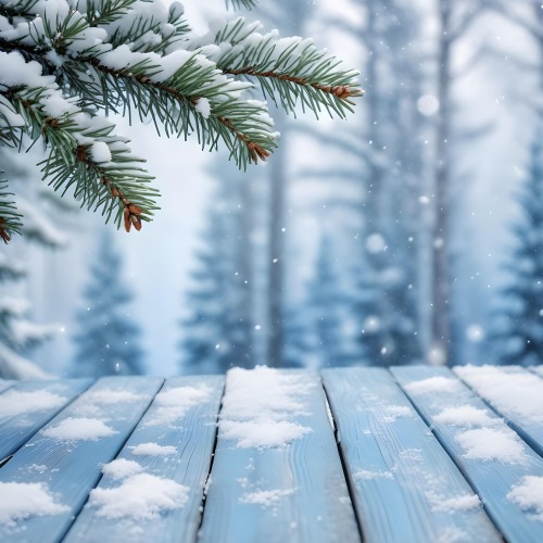 A Snowy Fir Branch On A Blue Wooden Table With A Blurred Background Of A Winter Forest And Falling Snow 31 0dde