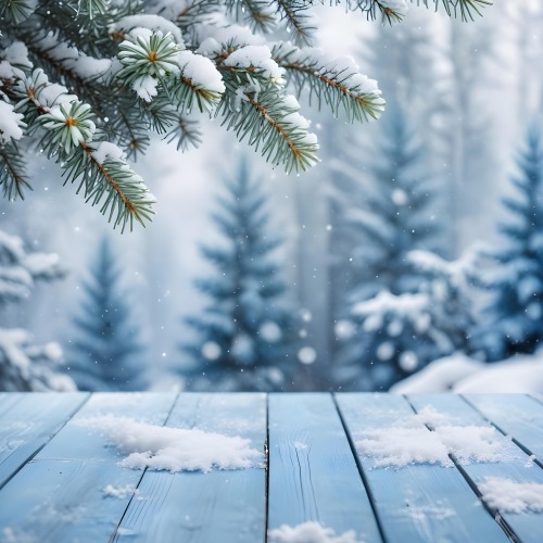 A Snowy Fir Branch On A Blue Wooden Table With A Blurred Background Of A Winter Forest And Falling Snow 32 7254