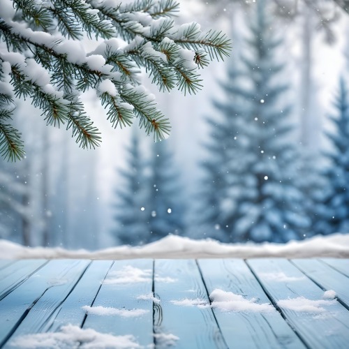 A Snowy Fir Branch On A Blue Wooden Table With A Blurred Background Of A Winter Forest And Falling Snow 34 960d