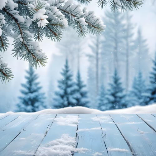 A Snowy Fir Branch On A Blue Wooden Table With A Blurred Background Of A Winter Forest And Falling Snow 36 A2e2