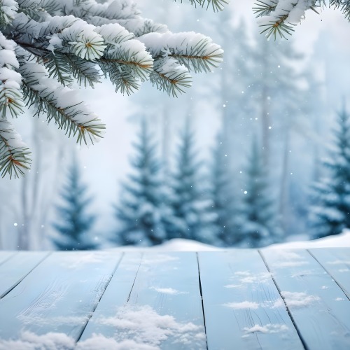 A Snowy Fir Branch On A Blue Wooden Table With A Blurred Background Of A Winter Forest And Falling Snow 37 B33a