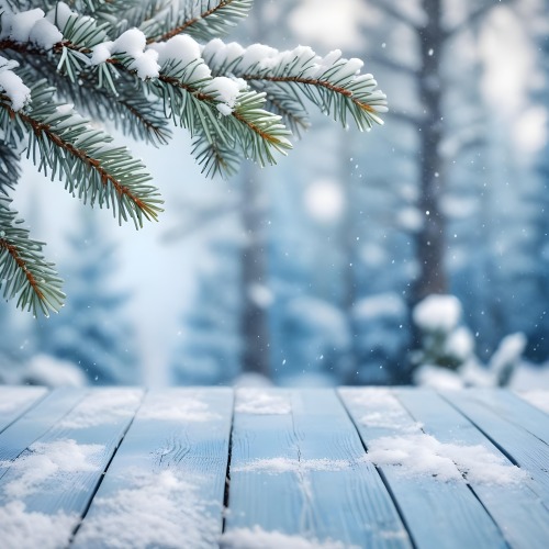 A Snowy Fir Branch On A Blue Wooden Table With A Blurred Background Of A Winter Forest And Falling Snow 38 76be