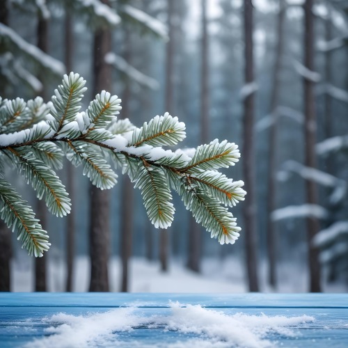 A Snowy Fir Branch On A Blue Wooden Table With A Blurred Background Of A Winter Forest And Falling Snow 39 B1b1