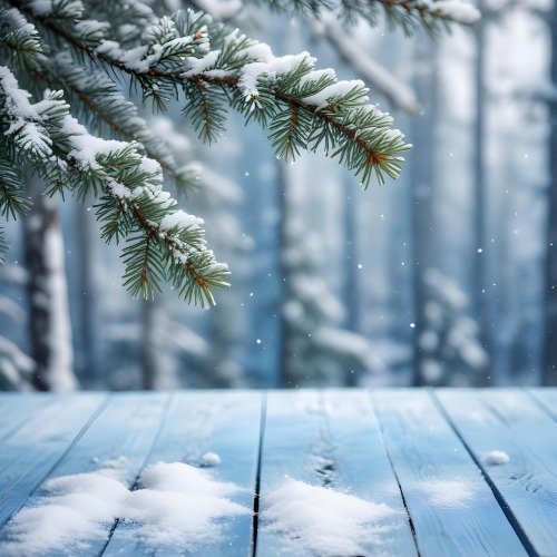 A Snowy Fir Branch On A Blue Wooden Table With A Blurred Background Of A Winter Forest And Falling Snow 4 6cdb